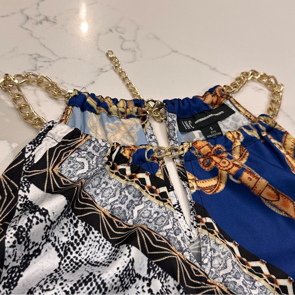 Inc International Concepts Blue Gold Scarf Halter Top S Chain Print Resort Y2K - Picture 3 of 10